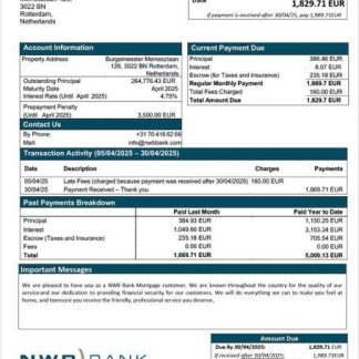Netherlands NWB Bank mortgage statement Word and PDF template download template file