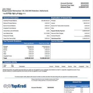 Netherlands Yapi Kredi Bank Nederland mortgage statement Word and PDF template download template file