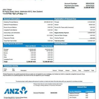 New Zealand ANZ Bank mortgage statement Word and PDF template download template file