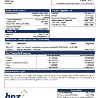 New Zealand BNZ Bank mortgage statement Word and PDF template download template file