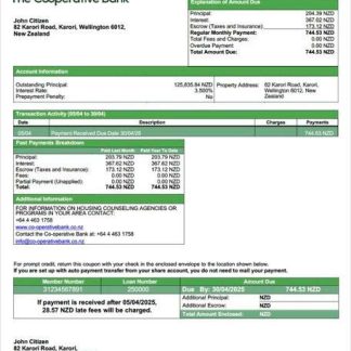 New Zealand Co operative Bank mortgage statement Word and PDF template download template file