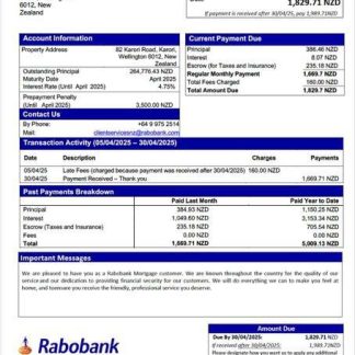 New Zealand Rabobank mortgage statement Word and PDF template download template file