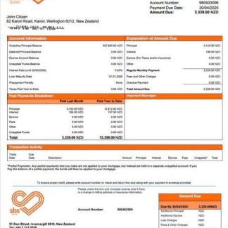 New Zealand SBS Bank mortgage statement Word and PDF template download template file
