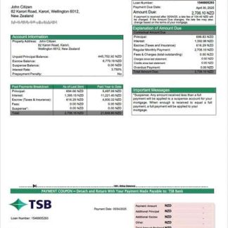 New Zealand TSB Bank mortgage statement Word and PDF template download template file
