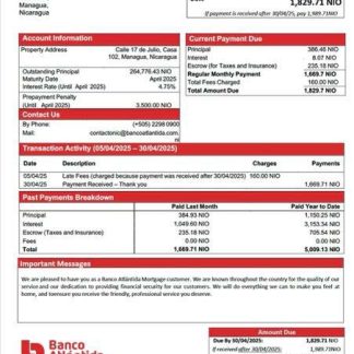 Nicaragua Banco Atlántida mortgage statement Word and PDF template download template file