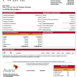Nicaragua Banco Avanz mortgage statement Word and PDF template download template file