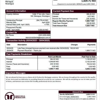 Nicaragua Banco de la Producción mortgage statement Word and PDF template download template file