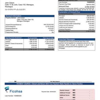 Nicaragua Banco Ficohsa mortgage statement Word and PDF template download template file