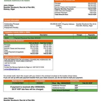Niger Banque Agricole du Niger mortgage statement Word and PDF template download template file