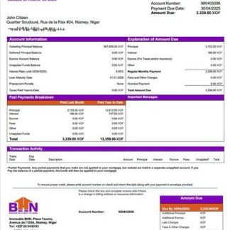 Niger Banque de l'Habitat du Niger (BHN) mortgage statement Word and PDF template download template file