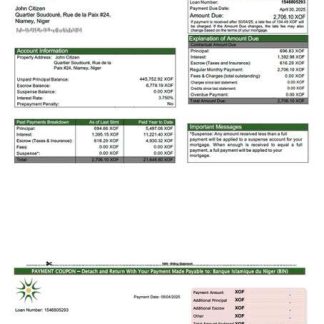 Niger Banque Islamique du Niger (BIN) mortgage statement Word and PDF template download template file