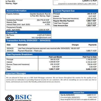 Niger BSIC Bank mortgage statement Word and PDF template download template file