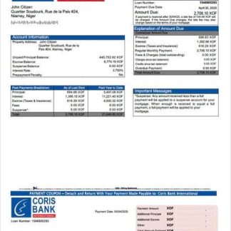 Niger Coris Bank International mortgage statement Word and PDF template download template file