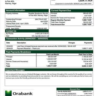 Niger Orabank mortgage statement Word and PDF template download template file
