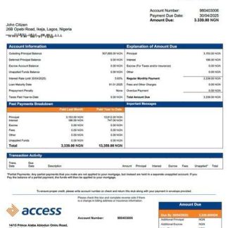 Nigeria Access Bank mortgage statement Word and PDF template download template file
