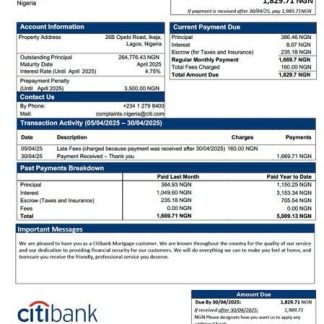 Nigeria Citibank mortgage statement Word and PDF template download template file