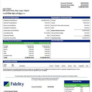 Nigeria Fidelity Bank mortgage statement Word and PDF template download template file