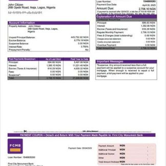 Nigeria First City Monument Bank mortgage statement Word and PDF template download template file