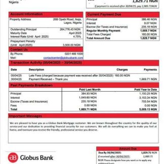 Nigeria Globus Bank mortgage statement Word and PDF template download template file