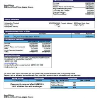 Nigeria Nova Commercial Bank mortgage statement Word and PDF template download template file