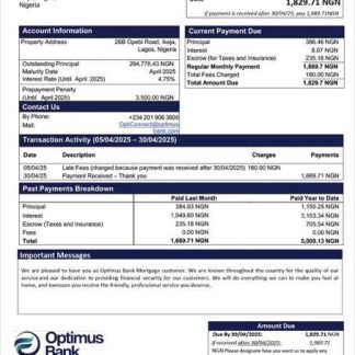 Nigeria Optimus Bank mortgage statement Word and PDF template download template file