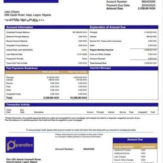 Nigeria Parallex Bank mortgage statement Word and PDF template download template file