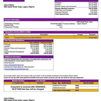 Nigeria Polaris Bank mortgage statement Word and PDF template download template file