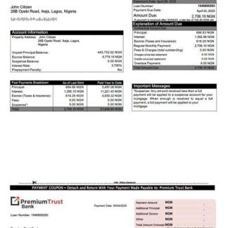 Nigeria Premium Trust Bank mortgage statement Word and PDF template download template file