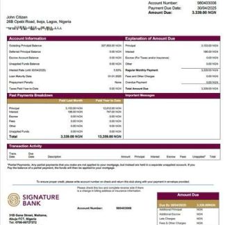 Nigeria Signature Bank mortgage statement Word and PDF template download template file