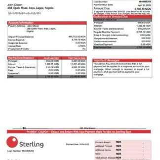 Nigeria Sterling Bank mortgage statement Word and PDF template download template file