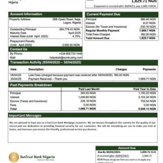 Nigeria SunTrust Bank mortgage statement Word and PDF template download template file
