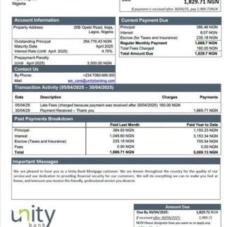 Nigeria Unity Bank mortgage statement Word and PDF template download template file