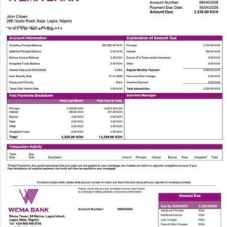 Nigeria Wema Bank mortgage statement Word and PDF template download template file