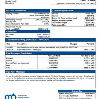North Macedonia Centralna Kooperativna Banka AD Skopje mortgage statement Word and PDF template download template file