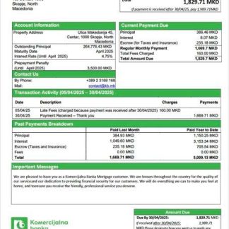 North Macedonia Komercijalna Banka mortgage statement Word and PDF template download template file