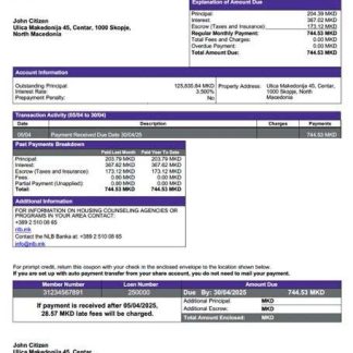North Macedonia NLB Banka mortgage statement Word and PDF template download template file