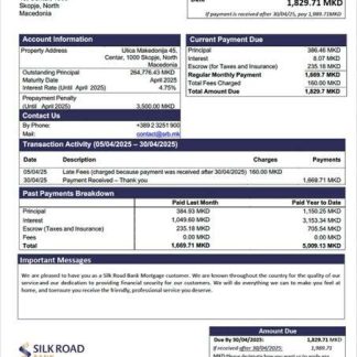 North Macedonia Silk Road Bank mortgage statement Word and PDF template download template file