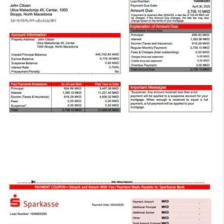 North Macedonia Sparkasse Bank mortgage statement Word and PDF template download template file
