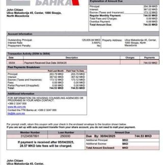 North Macedonia TTK Banka mortgage statement Word and PDF template download template file