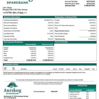Norway Aurskog Sparebank mortgage statement Word and PDF template download template file