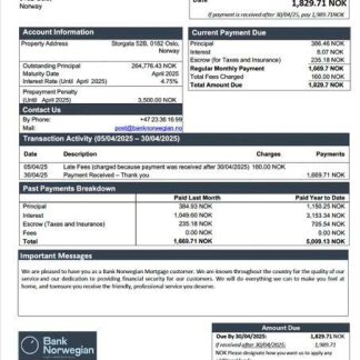 Norway Bank Norwegian mortgage statement Word and PDF template download template file
