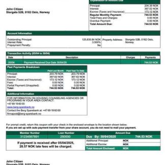 Norway Berg Sparebank mortgage statement Word and PDF template download template file