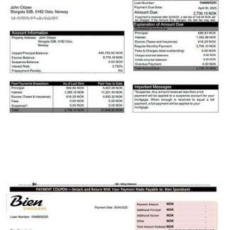 Norway Bien Sparebank mortgage statement Word and PDF template download template file
