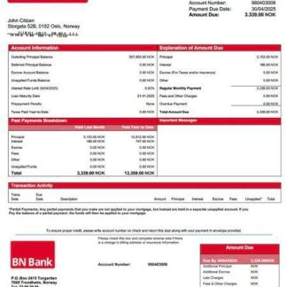 Norway BN Bank mortgage statement Word and PDF template download template file