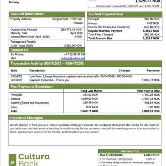 Norway Cultura Sparebank mortgage statement Word and PDF template download template file