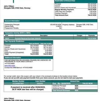 Norway DNB Bank mortgage statement Word and PDF template download template file