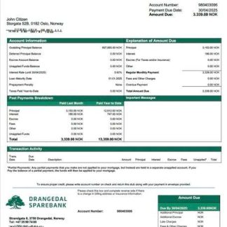 Norway Drangedal Sparebank mortgage statement Word and PDF template download template file