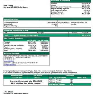Norway Eidsberg Sparebank mortgage statement Word and PDF template download template file