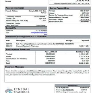 Norway Etnedal Sparebank mortgage statement Word and PDF template download template file