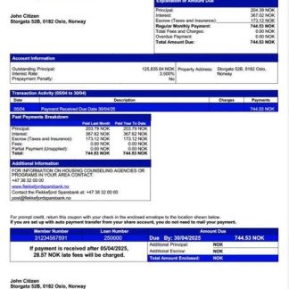 Norway Flekkefjord Sparebank mortgage statement Word and PDF template download template file